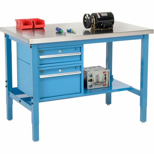 Global Industrial 48inW x 30inD Production Workbench, SS Square Edge, Drawers & Shelf, Blue 319286BL